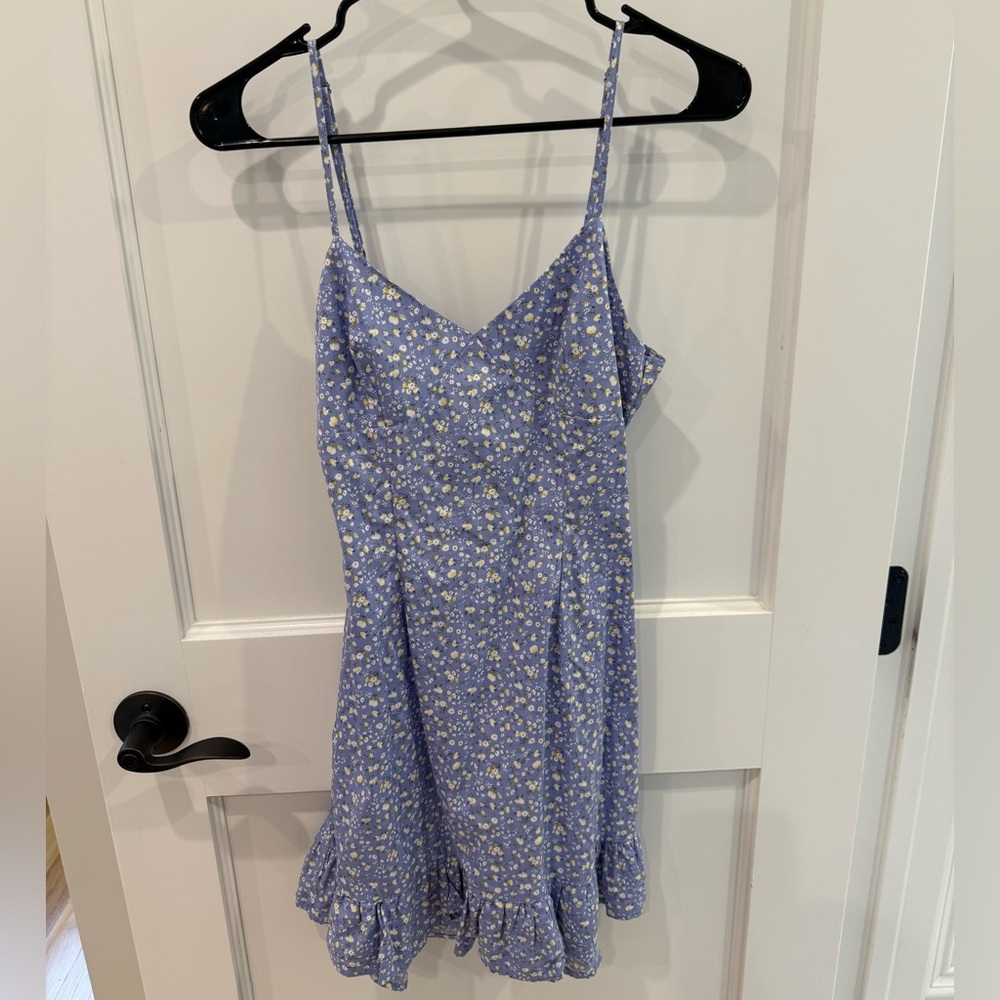 Floral Ditsy Spaghetti Strap Tie Back Bow Dress XS Blue